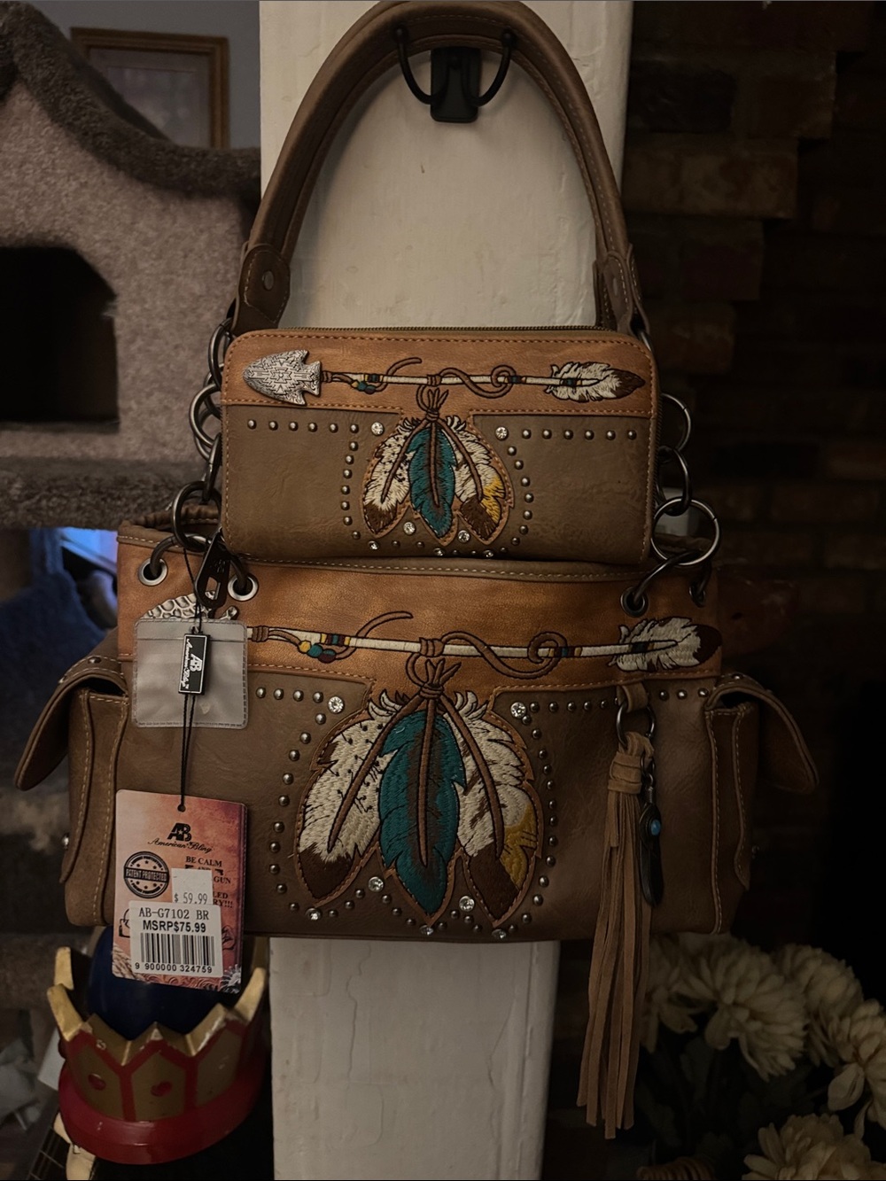 Tan Embroidered Feather Shoulder Bag with Stud and Tassel Detail - Picture 6 of 11